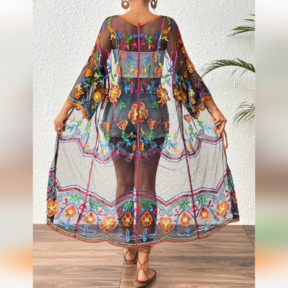 Bohemian Style Long Sleeve Embroidered Mesh Kimono, Mixed Colors Navy OSFM